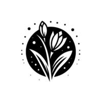 Elegant Black and White Floral Design A stylized illustration of tuliplike flowers, leaves, and buds within a dark circular frame, dotted with subtle accent elements. vector