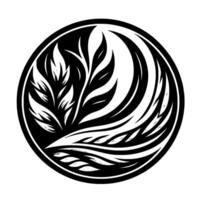 Elegant black and white botanical emblem with stylized leaves and flowing lines, encased in a circular frame, symbolizing growth and harmony. vector