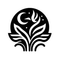 An elegant black and white featuring a floral motif with a crescent moon, stars within a circle, and stylized foliage. vector
