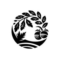 A minimalist black and white illustration featuring a circular with a stylized tree branch adorned with leaves and two fruits, evoking harmony. vector
