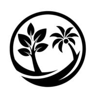 A minimalist, circular featuring a leafy tree and a palm tree in a simplified black and white illustration, suggesting nature and growth. vector