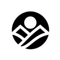 Minimalist black and white featuring a mountain range, sun, and stylized field within a circular frame, suggesting nature or environment. vector