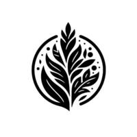 Monochromatic Botanical Emblem Symmetrical Leafy Enclosed in a Circle with Dots, Depicting Growth and Balance. vector