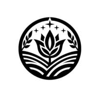 A stylized black and white emblem featuring a central tuliplike flower, wheat stalks, stars, and horizontal lines within a circular frame, evoking nature and elegance. vector