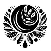 A symmetrical, black and white floral mandala featuring leaves, stylized petals, droplets and dot details, centered on a circular motif. vector