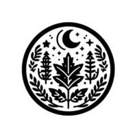 Minimalist circular emblem featuring a central leaf, flanked by stylized trees and foliage, under a crescent moon and stars, all in black and white. vector