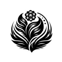 Elegant Black and White Floral Emblem A symmetrical featuring a stylized flower atop stylized leaves, creating a harmonious circular composition on a pristine white background. vector
