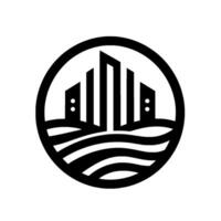 Abstract Black and White of a City Skyline Silhouetted Within a Circular Frame with Geometric Waterlike Elements. vector