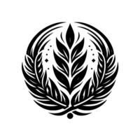 A symmetrical, blackandwhite, stylized emblem featuring a central arrangement of leaflike elements within a circular border, complemented by surrounding foliage. vector