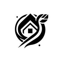 A stylized, black and white showcasing a house silhouette encased within a circular and accompanied by a leaf, representing an ecofriendly home or sustainable living concept. vector