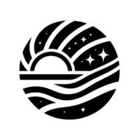 A stylized celestial emblem in monochrome a halfsun setting over a wavy sea, with stars and stripes of light creating a circular, cosmic design. vector