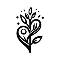 Elegant Black and White Botanical Heart Design, Featuring Leaves, Flourishes, and Dots Against a Clean White Backdrop. vector