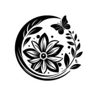 Monochromatic Floral Mandala with Butterfly, Leaves, and Dots A Circular of Natures Elements vector