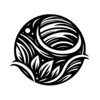 Celestial Emblem Black and White Abstract with Moon, Leaves, and Dynamic Curves within a Circular Composition. vector