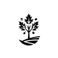 Stylized Black and White Orchard Logo A minimalist tree laden with fruit, rooted in a simple landscape, on a bright white background. vector