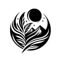 A stylized black and white natureinspired emblem featuring mountains, a leaf arrangement, moon, stars within a circular frame, evoking a sense of serenity. vector