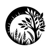 A stylized black and white emblem featuring a tree, wheat, and grass within a circular frame suggesting a rural or agricultural theme, embodying a aesthetic. vector