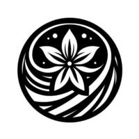 A stylized black and white circular emblem featuring a symmetrical flower at the center, enclosed by swirling lines and dots, against a pristine white backdrop. vector