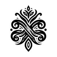 Intricate symmetrical black floral with stylized leaves, swirls, and geometric patterns, isolated against a white background. vector