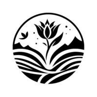 Minimalist black and white emblem featuring a stylized flower with mountains and flowing lines, within a circular frame, suggestive of natures harmony. vector