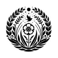 A stylized black and white circular illustration, showcasing a central flower surrounded by foliage, a bird in flight, a celestial background of moon and stars. vector