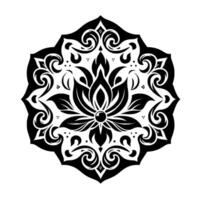 Intricate Black and White Mandala A floralinspired, symmetrical with layered petals, ornamental swirls, and delicate dot accents, set against a pristine white background. vector