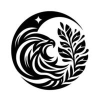 Intricate black and white circular emblem featuring a stylized eagle head with flowing plumage, a crescent moon, star, and a leafy branch, creating a symbolic, balanced design. vector