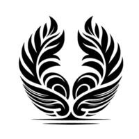 Symmetrical Black Feathered Emblem on White Background, Featuring Leafy Elements and Curving Designs, Suggesting Elegance. vector