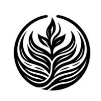 An elegantly stylized, black and white botanical emblem featuring a central leafy sprig enclosed within a circular frame, evoking nature and tranquility. vector