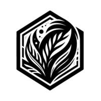Intricate Black and White Floral Illustration Within a Hexagonal Frame, Featuring Leafy Design, Shadowing, and Dot Accents on White Background. vector