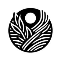 A stylized black and white depicting leaves, lines, and a sunlike circle within a circular frame, evoking nature and geometric simplicity. vector