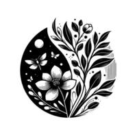 Yin and Yang floral with dragonfly, butterfly, and flower in a harmonious monochrome botanical illustration on white background. vector
