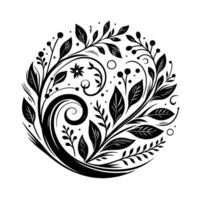 An elegant, symmetrical, botanical composed of stylized leaves, swirling vines, and floral elements arranged in a circular pattern, rendered in black and white. vector