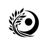 Elegant Black and White Emblem A Leafy Branch Embracing a Crescent and a Dot, Suggesting Harmony vector
