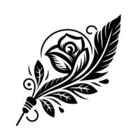 Intricate Black and White Illustration A Stylized Rose Enclosed in a Circle, Connected to a Feather and Floral Elements on a White Background. vector