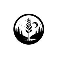 A circular featuring a stylized wheat stalk centered in a black silhouette landscape under a crescent moon and starry sky within a black circle on a white background. vector