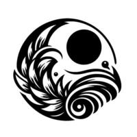 A stylized black and white illustration of a whimsical, circular composition featuring organic shapes and a central black circle, evoking a sense of balance. vector