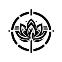 Intricate minimalist black and white lotus flower within a targetlike circle, evoking balance and precision. vector