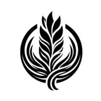 Black and white illustration of an abstract plant design, stylized with curved elements, framed within a surrounding circle, evoking a sense of organic form. vector