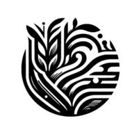 Intricate Black and White Floral Composition within a Circle, Emphasizing Abstract Foliage, Strips, Curves, and Dots Against a White Background. vector