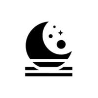 A minimalist, stylized features a black crescent moon, stars and planets atop a series of lines, evoking a celestial and modern design. vector