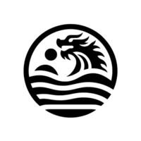 Stylized Black Dragon Emerging from Ocean Waves Within Circular Border, Evoking Power and Myth vector