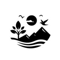 Minimalist monochrome nature logo A stylized illustration of mountains, a tree, suncloud, birds, and water elements, evoking a serene, natural landscape within a circular composition. vector