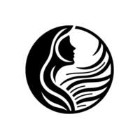 Silhouette of a womans profile within a circle. Elegant black and white design, flowing hair motif, minimalist aesthetic. vector