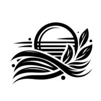 Abstract black and white minimalist with a stylized sun, waves, and leaves arranged in a symmetrical, decorative pattern, evoking nature. vector