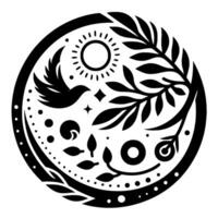Intricate Circular Graphic Bird in Flight, Sun, Branches, and Botanical Elements in a Bold Black and White Design, Symbolizing Growth and Harmony. vector