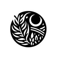 Circular Abstract Composition Black and White Featuring Leaves, Crescent Moon, and Geometric Elements. vector