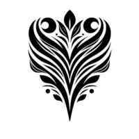 A symmetrical, stylized black and white floral with layered, featherlike shapes, and two circles, with leaves and dots, all on a stark white backdrop. vector