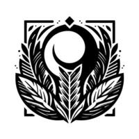 Intricate Black and White Geometric Design Feathered Leaves, Crescent Moon, and Square Frame Composition with Subtle Dot Accents. vector