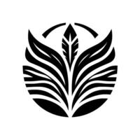 Geometric black and white illustration, floral with leaf and feather elements, stylized within a circular framework, creating a symmetrical and artistic composition. vector
